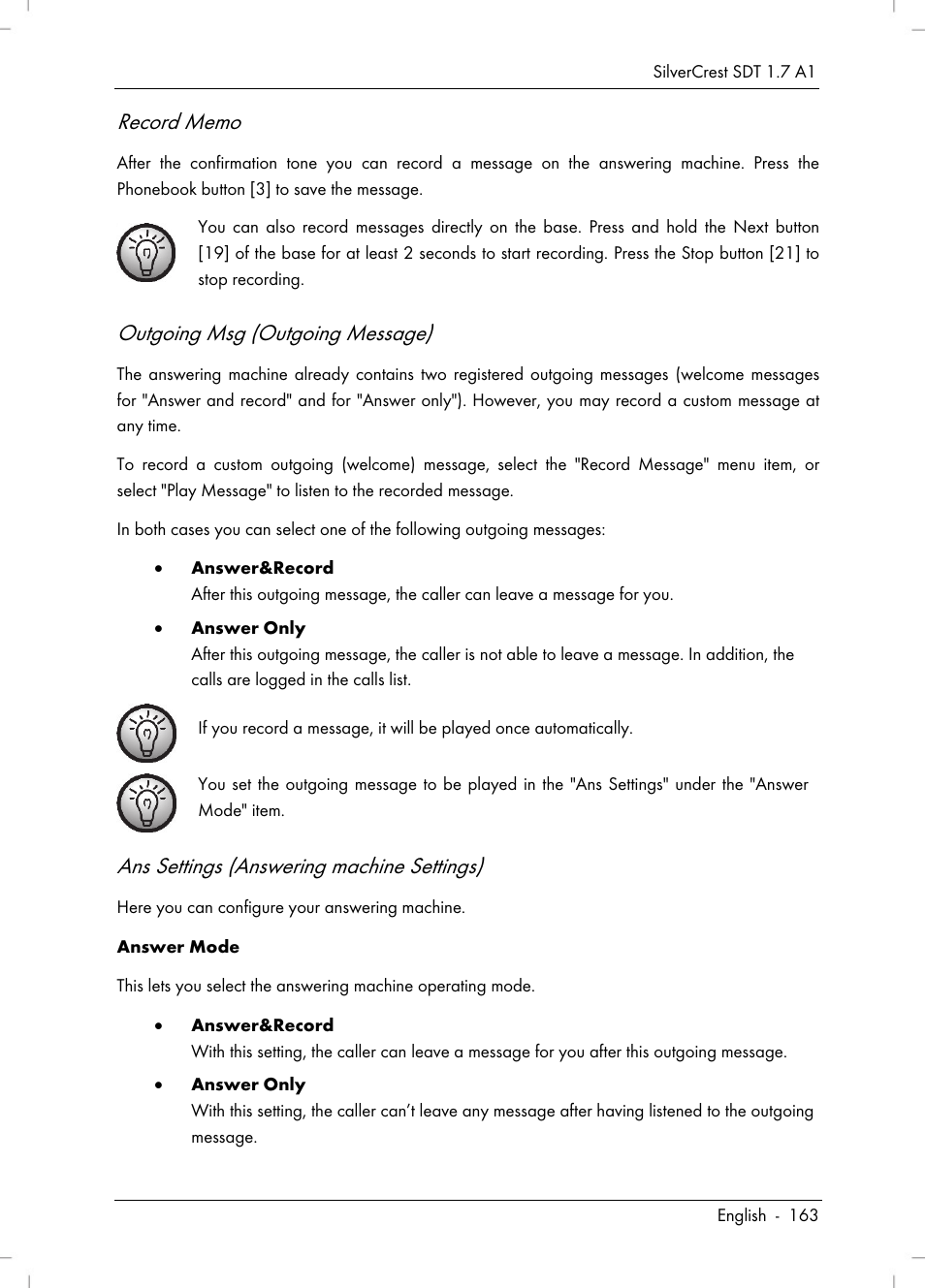 Outgoing msg (outgoing message), Ans settings (answering machine settings) | Silvercrest SDT 1.7 A1 User Manual | Page 165 / 192