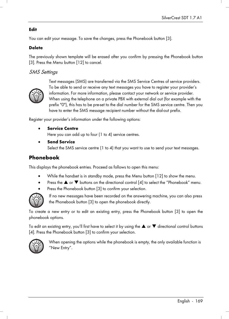 Sms settings, Phonebook | Silvercrest SDT 1.7 A1 User Manual | Page 171 / 192