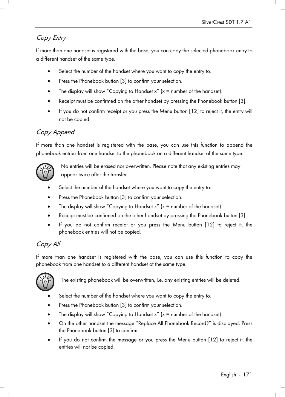 Copy entry, Copy append, Copy all | Silvercrest SDT 1.7 A1 User Manual | Page 173 / 192