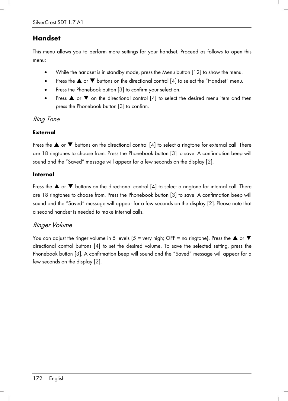 Ring tone, Ringer volume | Silvercrest SDT 1.7 A1 User Manual | Page 174 / 192