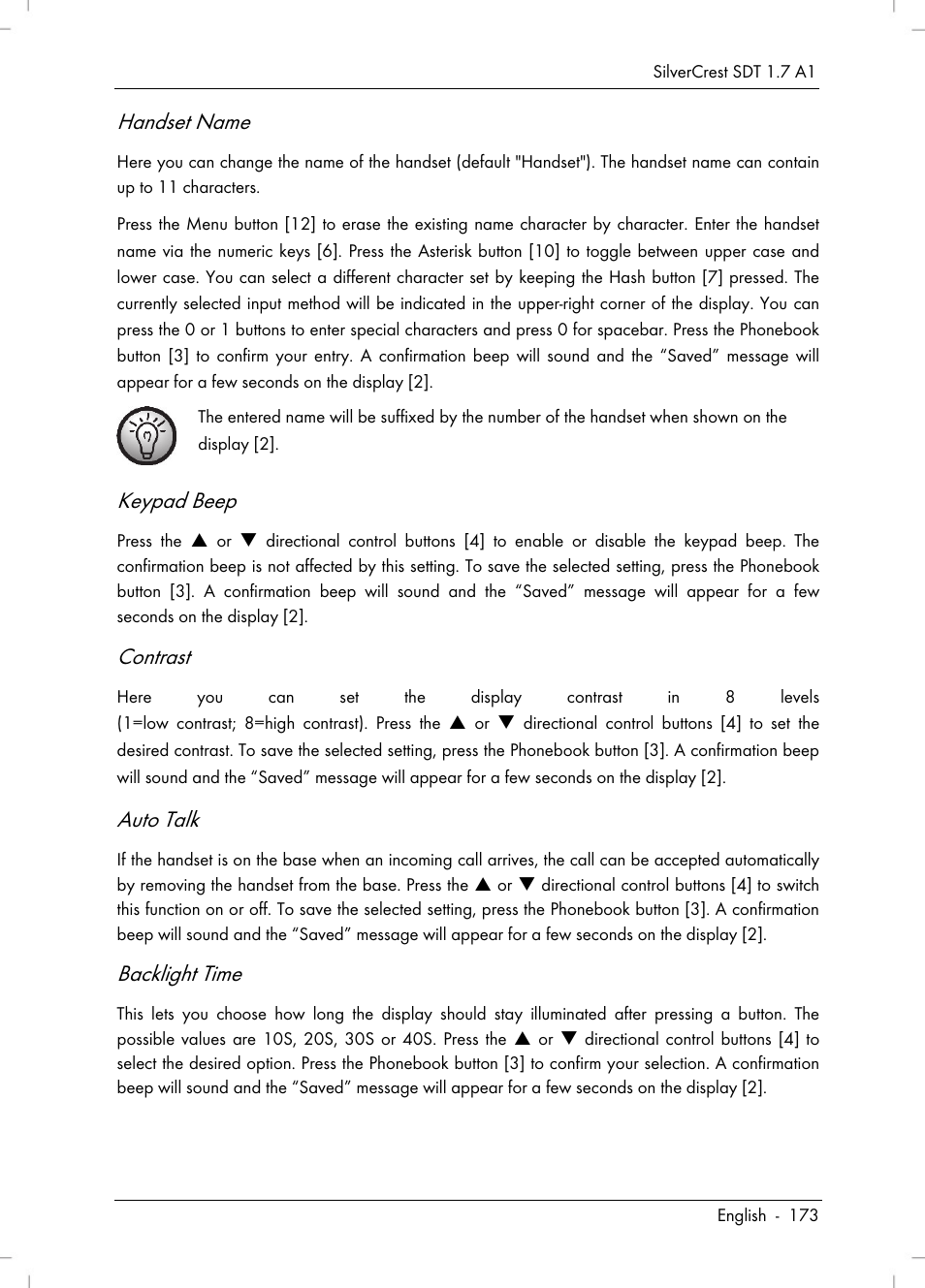 Handset name, Keypad beep, Contrast | Auto talk, Backlight time | Silvercrest SDT 1.7 A1 User Manual | Page 175 / 192