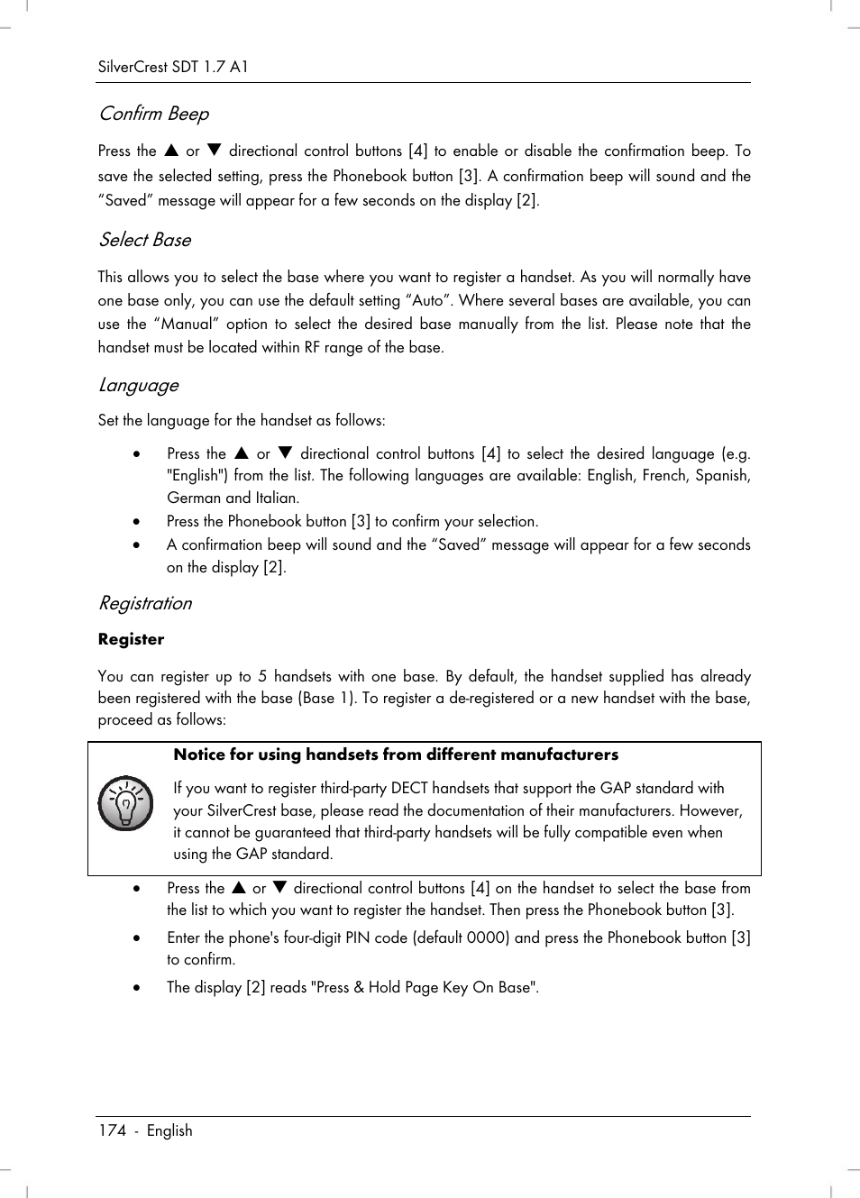 Confirm beep, Select base, Language | Registration | Silvercrest SDT 1.7 A1 User Manual | Page 176 / 192