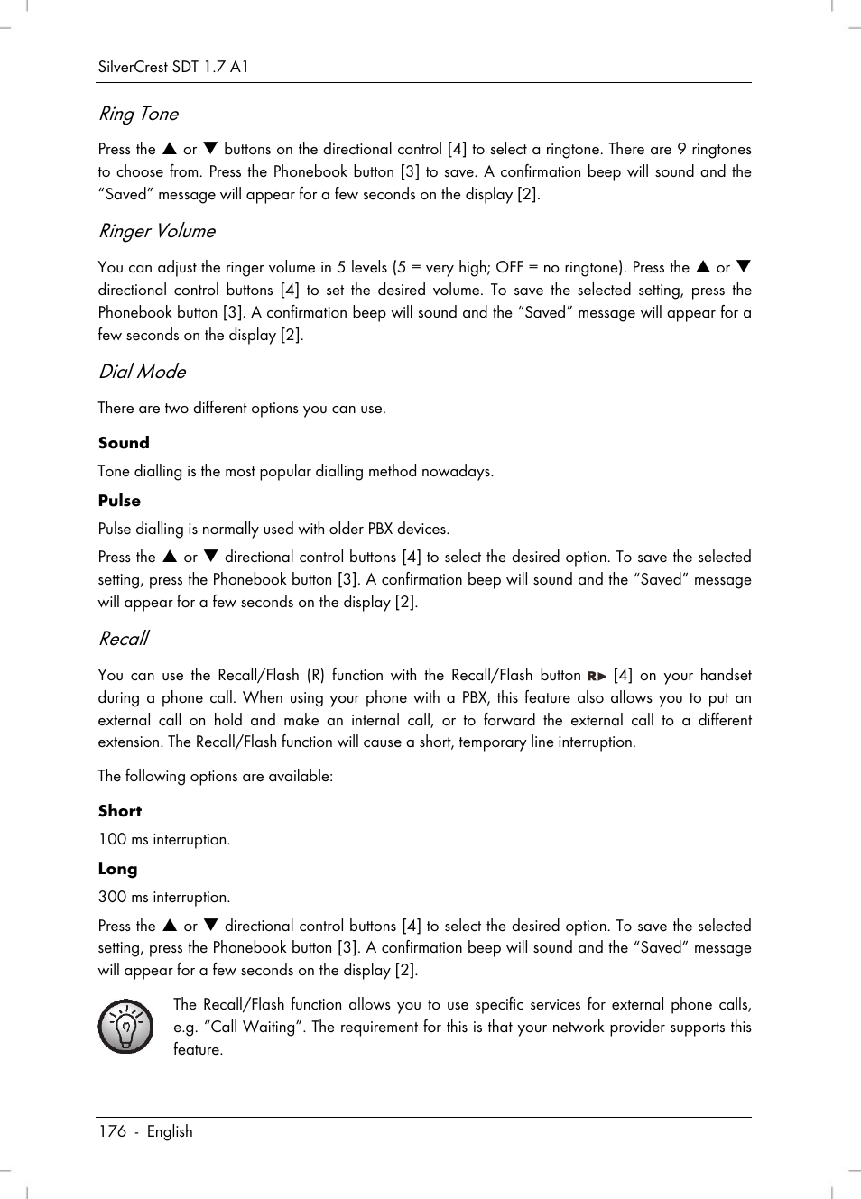 Ring tone, Ringer volume, Dial mode | Recall | Silvercrest SDT 1.7 A1 User Manual | Page 178 / 192