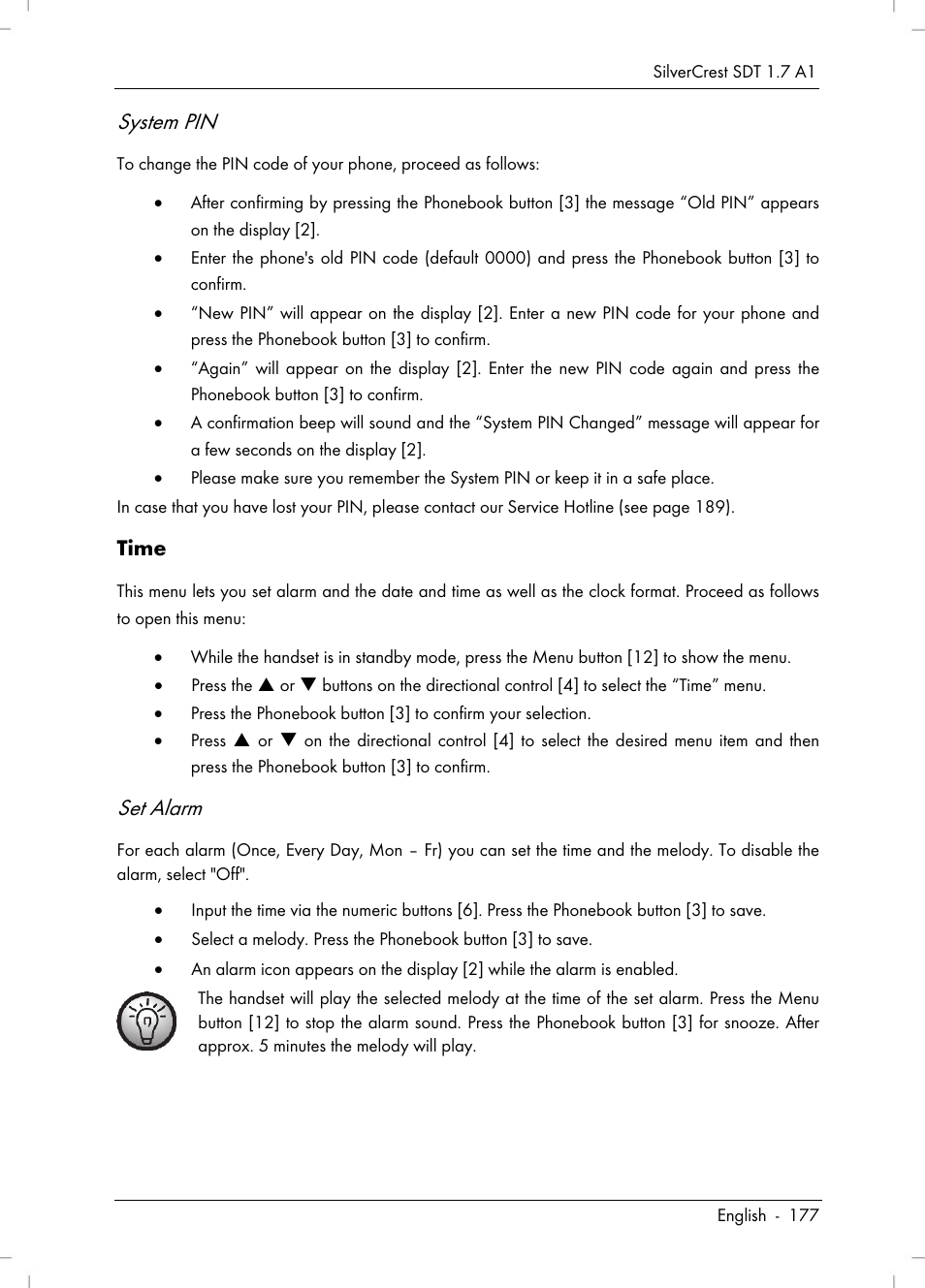 System pin, Set alarm, Time | Silvercrest SDT 1.7 A1 User Manual | Page 179 / 192