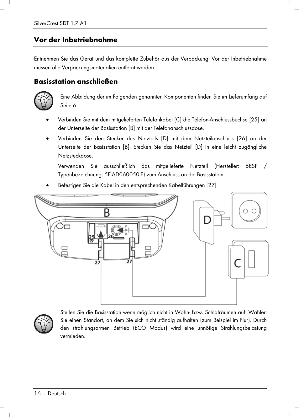 Vor der inbetriebnahme, Basisstation anschließen | Silvercrest SDT 1.7 A1 User Manual | Page 18 / 192