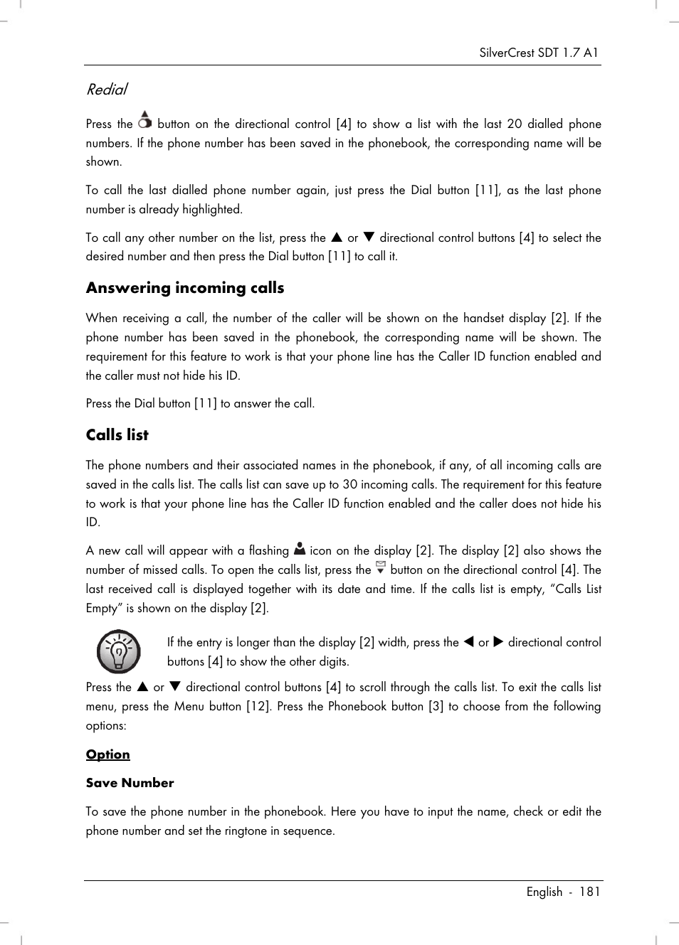 Redial | Silvercrest SDT 1.7 A1 User Manual | Page 183 / 192