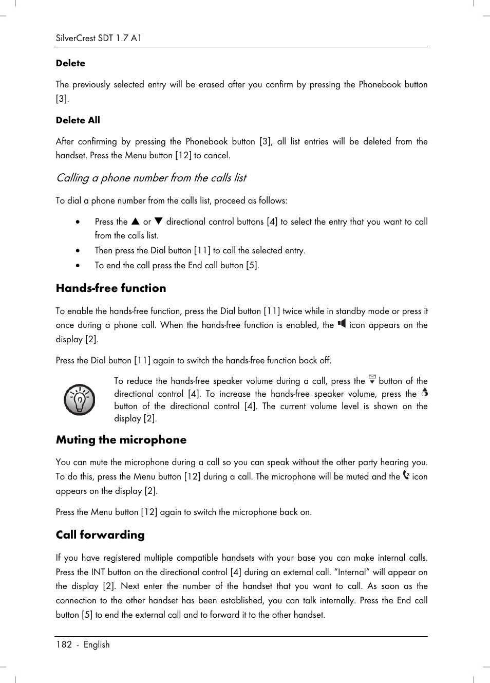 Calling a phone number from the calls list, Hands-free function, Muting the microphone | Call forwarding | Silvercrest SDT 1.7 A1 User Manual | Page 184 / 192