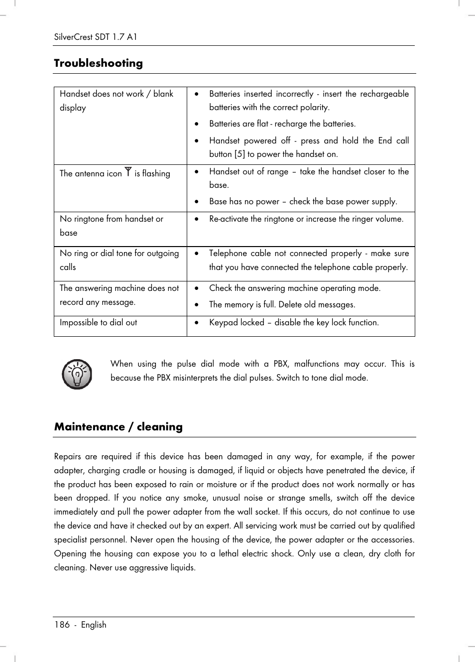 Troubleshooting, Maintenance / cleaning | Silvercrest SDT 1.7 A1 User Manual | Page 188 / 192