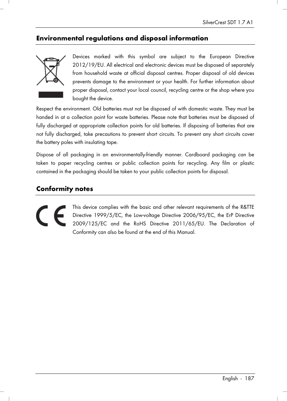 Environmental regulations and disposal information | Silvercrest SDT 1.7 A1 User Manual | Page 189 / 192