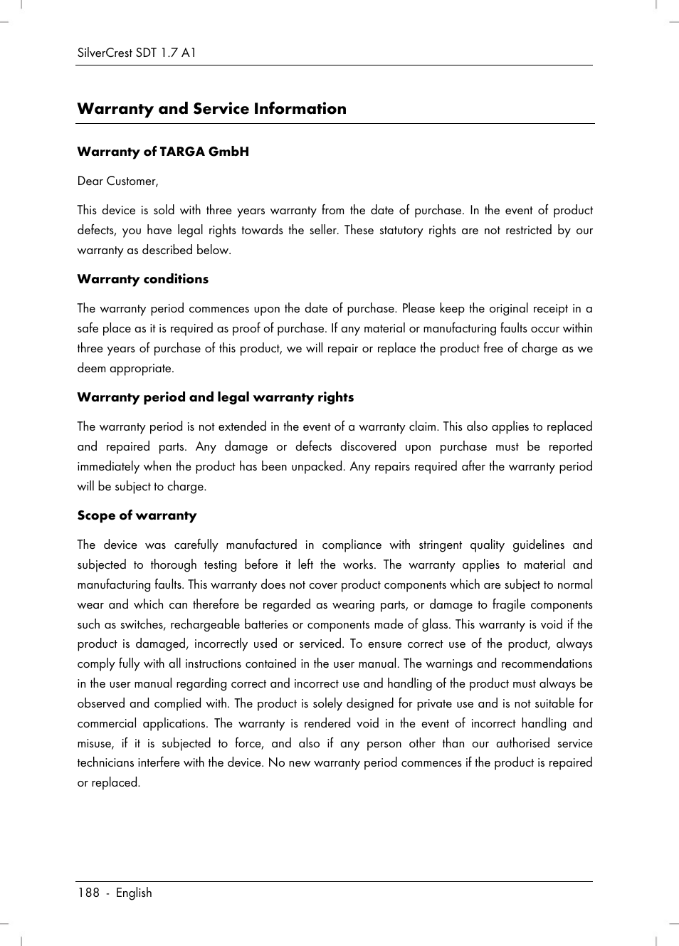 Warranty and service information | Silvercrest SDT 1.7 A1 User Manual | Page 190 / 192