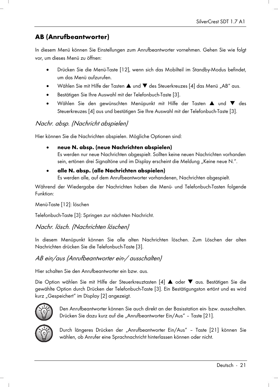 Nachr. absp. (nachricht abspielen), Nachr. lösch. (nachrichten löschen), Ab ein/aus (anrufbeantworter ein-/ ausschalten) | Silvercrest SDT 1.7 A1 User Manual | Page 23 / 192