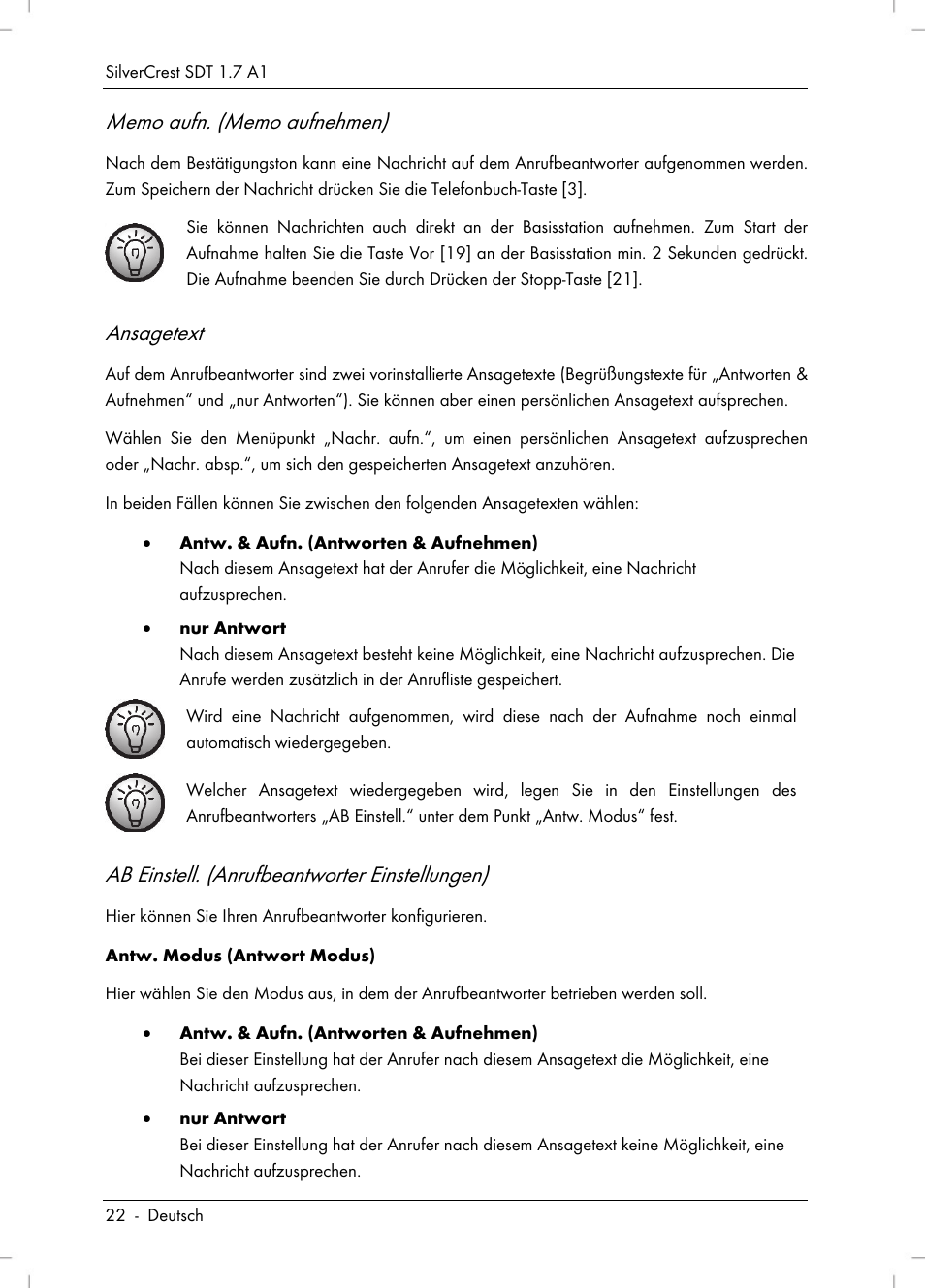 Ansagetext, Ab einstell. (anrufbeantworter einstellungen) | Silvercrest SDT 1.7 A1 User Manual | Page 24 / 192