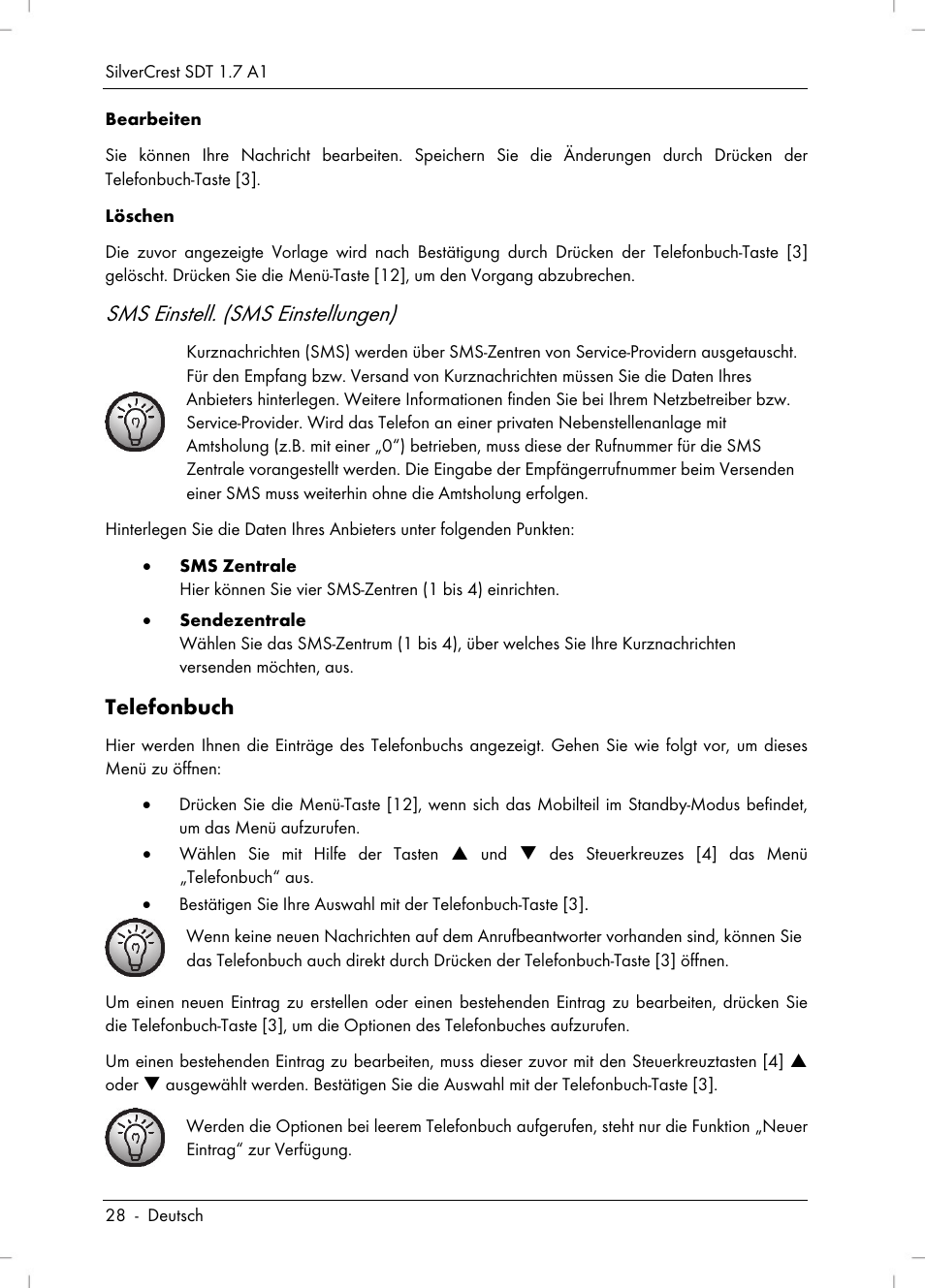 Sms einstell. (sms einstellungen), Telefonbuch | Silvercrest SDT 1.7 A1 User Manual | Page 30 / 192
