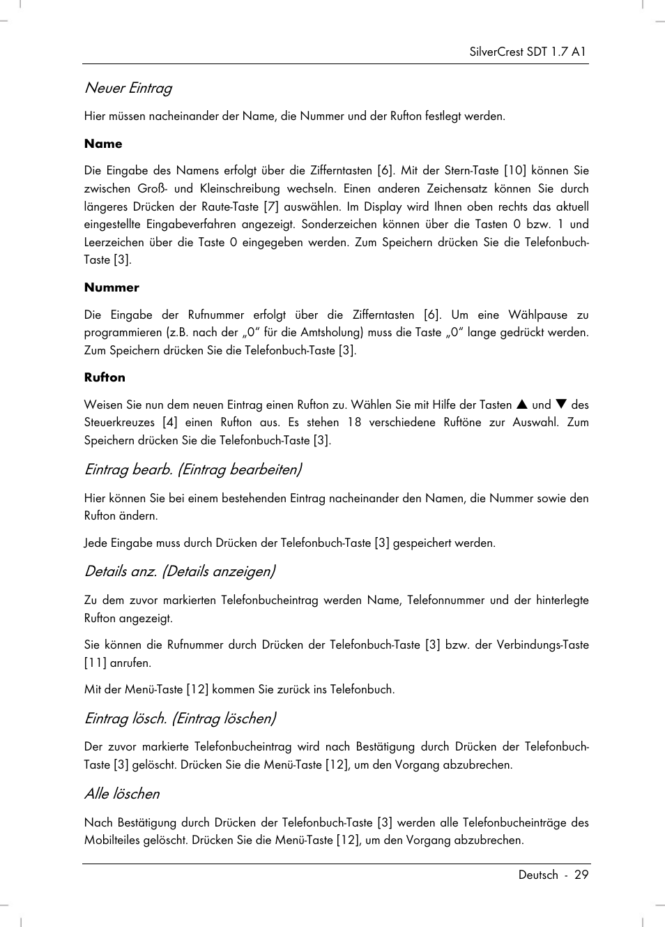 Neuer eintrag, Eintrag bearb. (eintrag bearbeiten), Details anz. (details anzeigen) | Eintrag lösch. (eintrag löschen), Alle löschen | Silvercrest SDT 1.7 A1 User Manual | Page 31 / 192