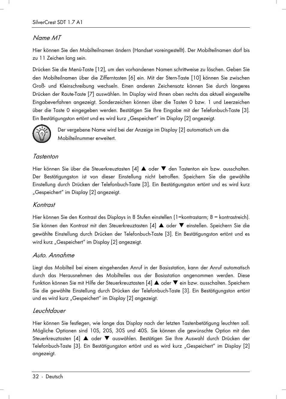 Name mt, Tastenton, Kontrast | Auto. annahme, Leuchtdauer | Silvercrest SDT 1.7 A1 User Manual | Page 34 / 192