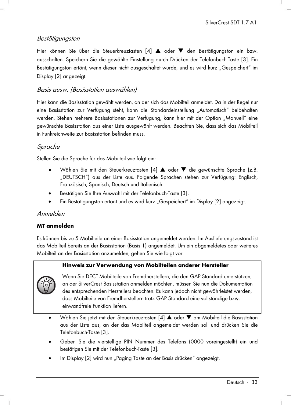 Bestätigungston, Basis ausw. (basisstation auswählen), Sprache | Anmelden | Silvercrest SDT 1.7 A1 User Manual | Page 35 / 192