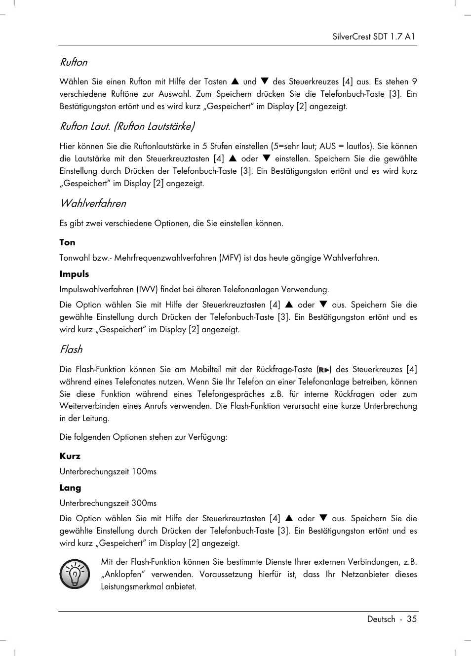 Rufton, Rufton laut. (rufton lautstärke), Wahlverfahren | Flash | Silvercrest SDT 1.7 A1 User Manual | Page 37 / 192