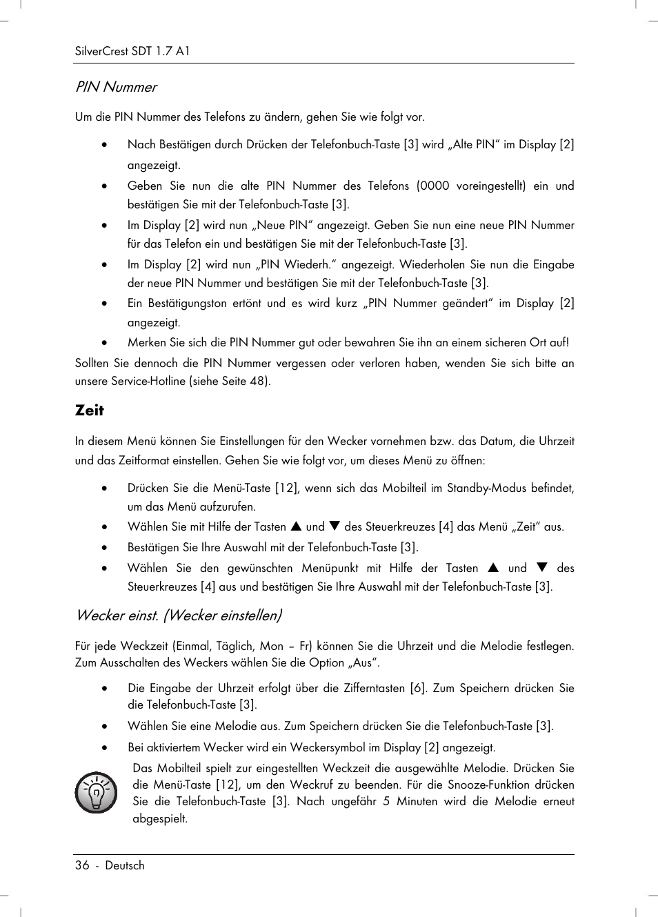 Pin nummer, Wecker einst. (wecker einstellen), Zeit | Silvercrest SDT 1.7 A1 User Manual | Page 38 / 192