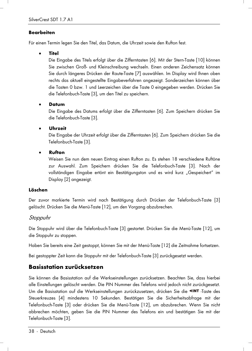 Stoppuhr, Basisstation zurücksetzen | Silvercrest SDT 1.7 A1 User Manual | Page 40 / 192