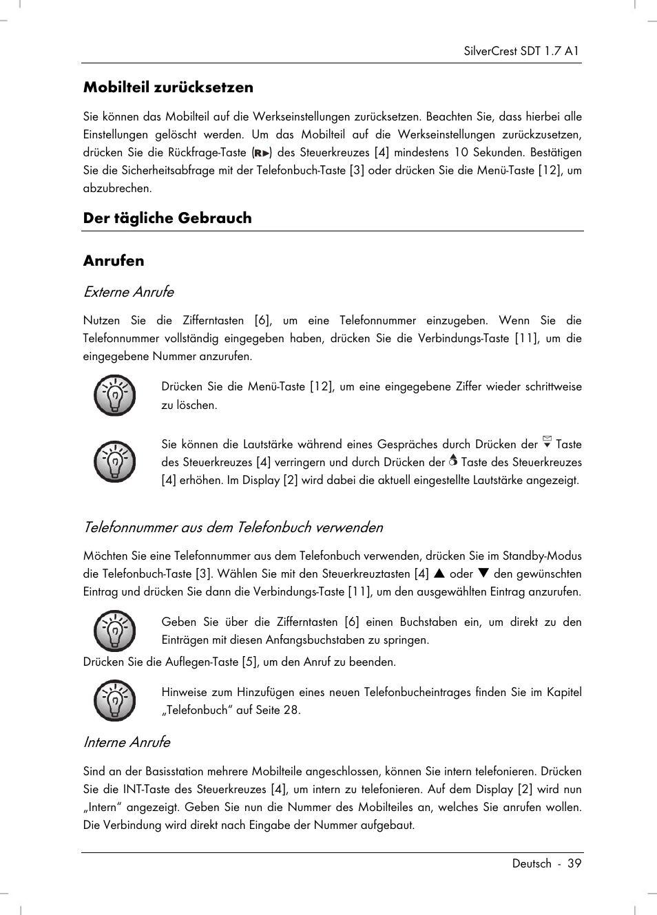 Externe anrufe, Telefonnummer aus dem telefonbuch verwenden, Interne anrufe | Silvercrest SDT 1.7 A1 User Manual | Page 41 / 192