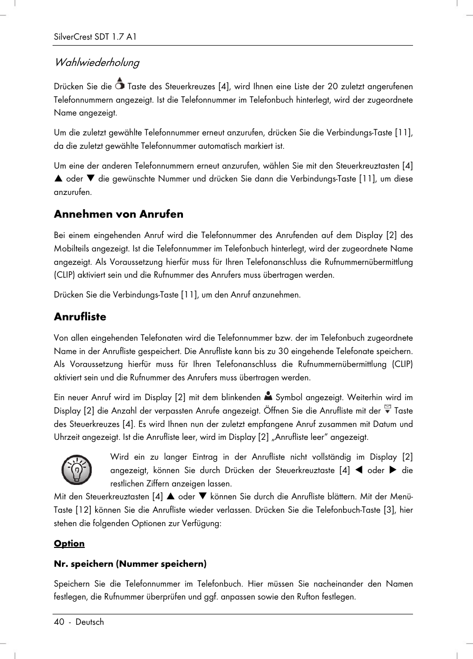 Wahlwiederholung | Silvercrest SDT 1.7 A1 User Manual | Page 42 / 192