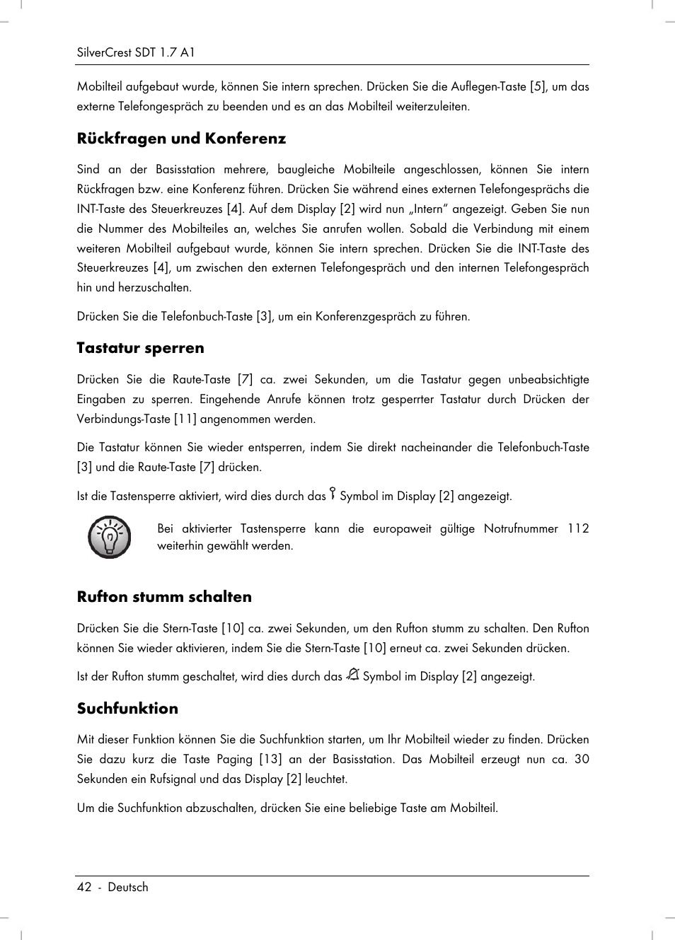 Rückfragen und konferenz, Tastatur sperren, Rufton stumm schalten | Suchfunktion | Silvercrest SDT 1.7 A1 User Manual | Page 44 / 192