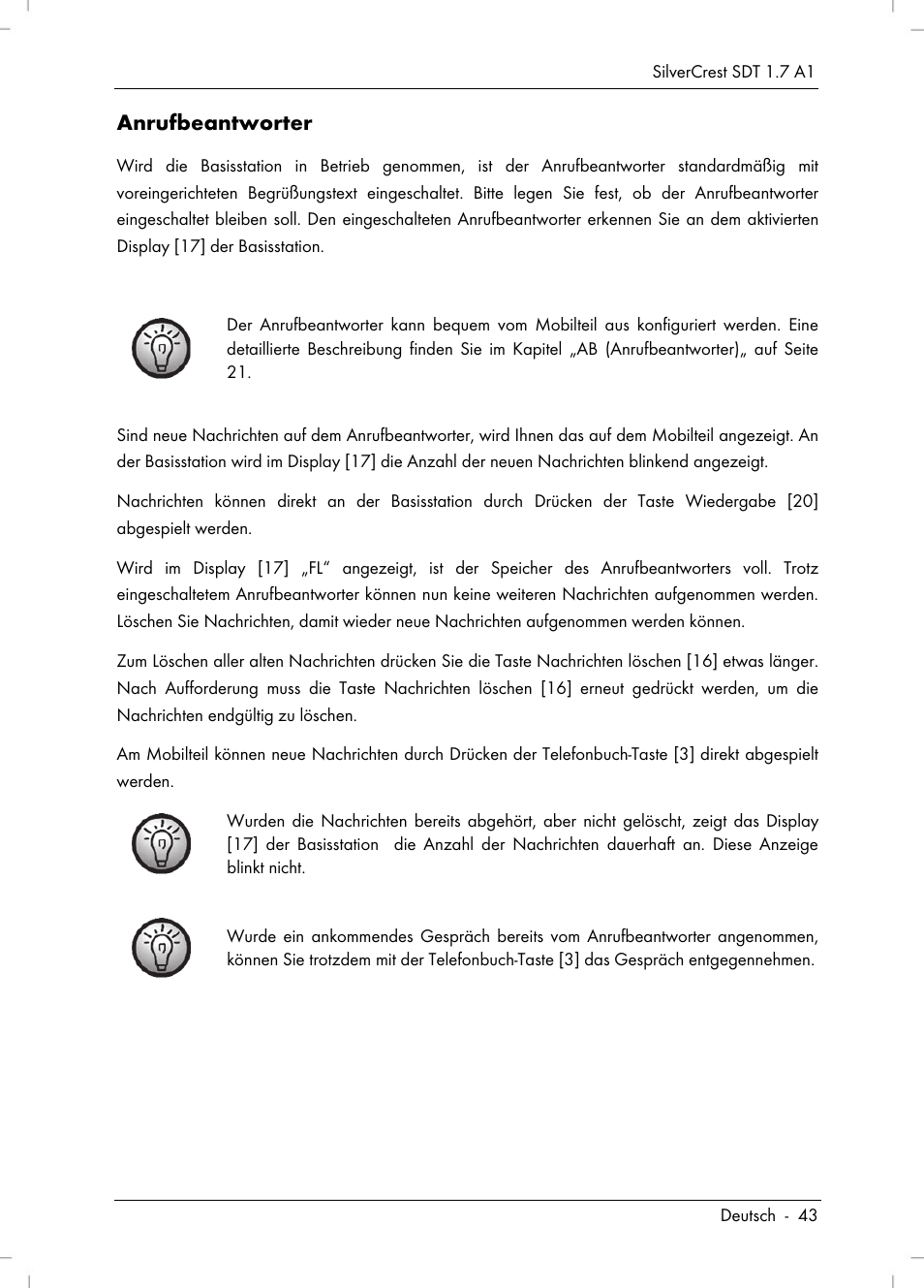 Anrufbeantworter | Silvercrest SDT 1.7 A1 User Manual | Page 45 / 192