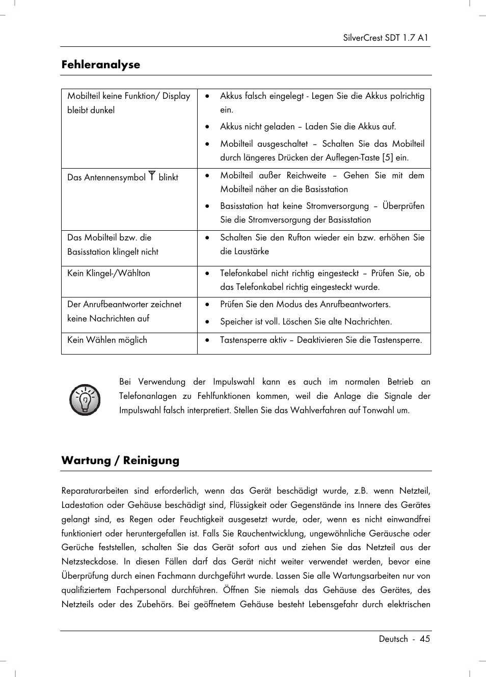 Fehleranalyse, Wartung / reinigung | Silvercrest SDT 1.7 A1 User Manual | Page 47 / 192