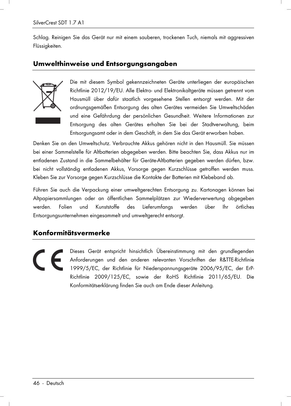 Umwelthinweise und entsorgungsangaben, Konformitätsvermerke | Silvercrest SDT 1.7 A1 User Manual | Page 48 / 192