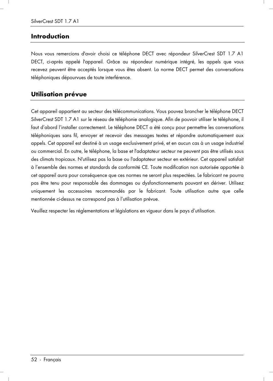 Introduction, Utilisation prévue | Silvercrest SDT 1.7 A1 User Manual | Page 54 / 192