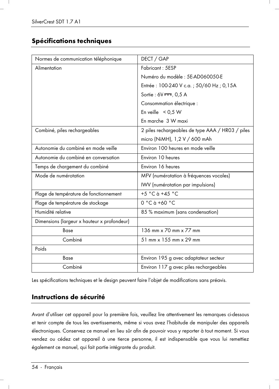 Spécifications techniques, Instructions de sécurité | Silvercrest SDT 1.7 A1 User Manual | Page 56 / 192