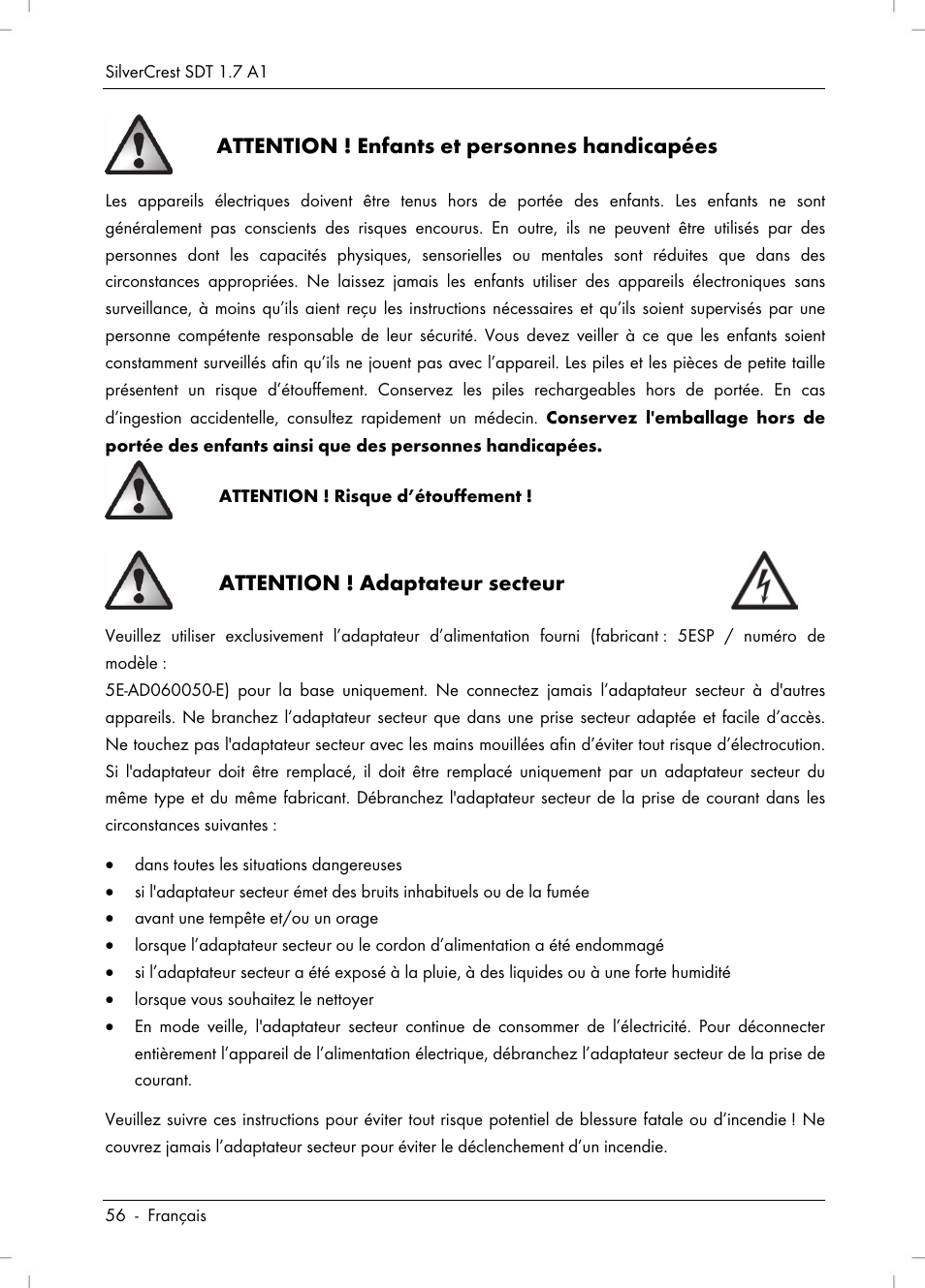 Attention ! enfants et personnes handicapées, Attention ! adaptateur secteur | Silvercrest SDT 1.7 A1 User Manual | Page 58 / 192