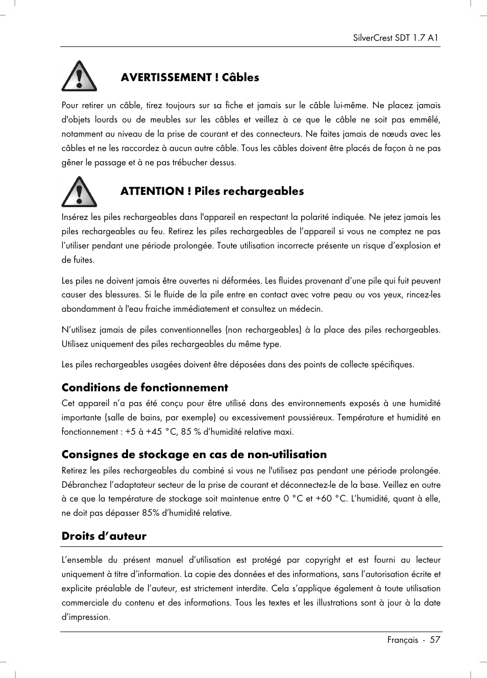 Avertissement ! câbles, Attention ! piles rechargeables, Conditions de fonctionnement | Consignes de stockage en cas de non-utilisation, Droits d’auteur | Silvercrest SDT 1.7 A1 User Manual | Page 59 / 192
