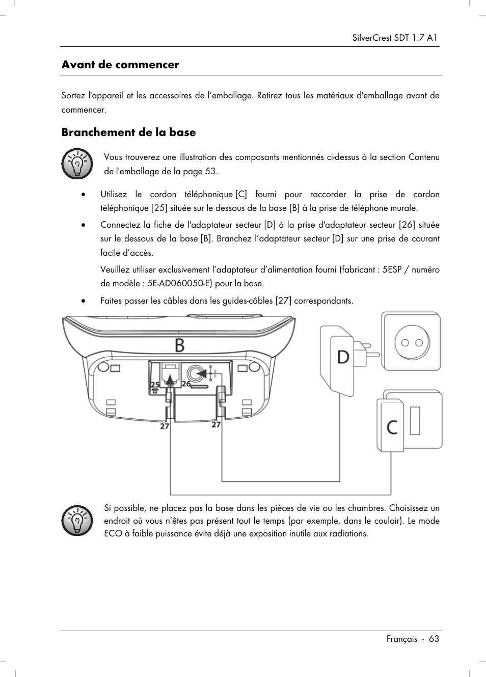 Avant de commencer, Branchement de la base | Silvercrest SDT 1.7 A1 User Manual | Page 65 / 192