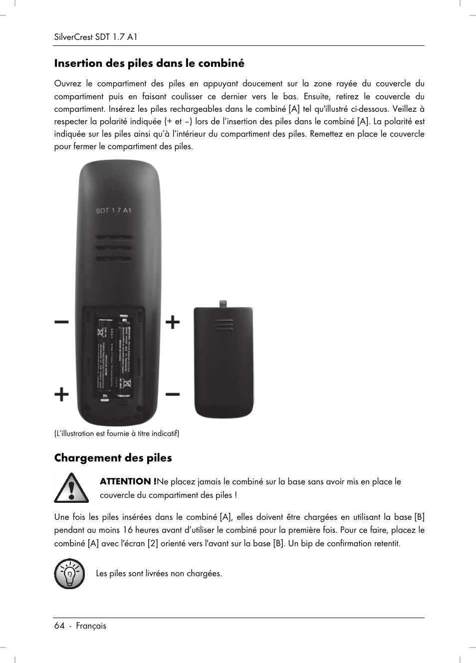 Insertion des piles dans le combiné, Chargement des piles | Silvercrest SDT 1.7 A1 User Manual | Page 66 / 192