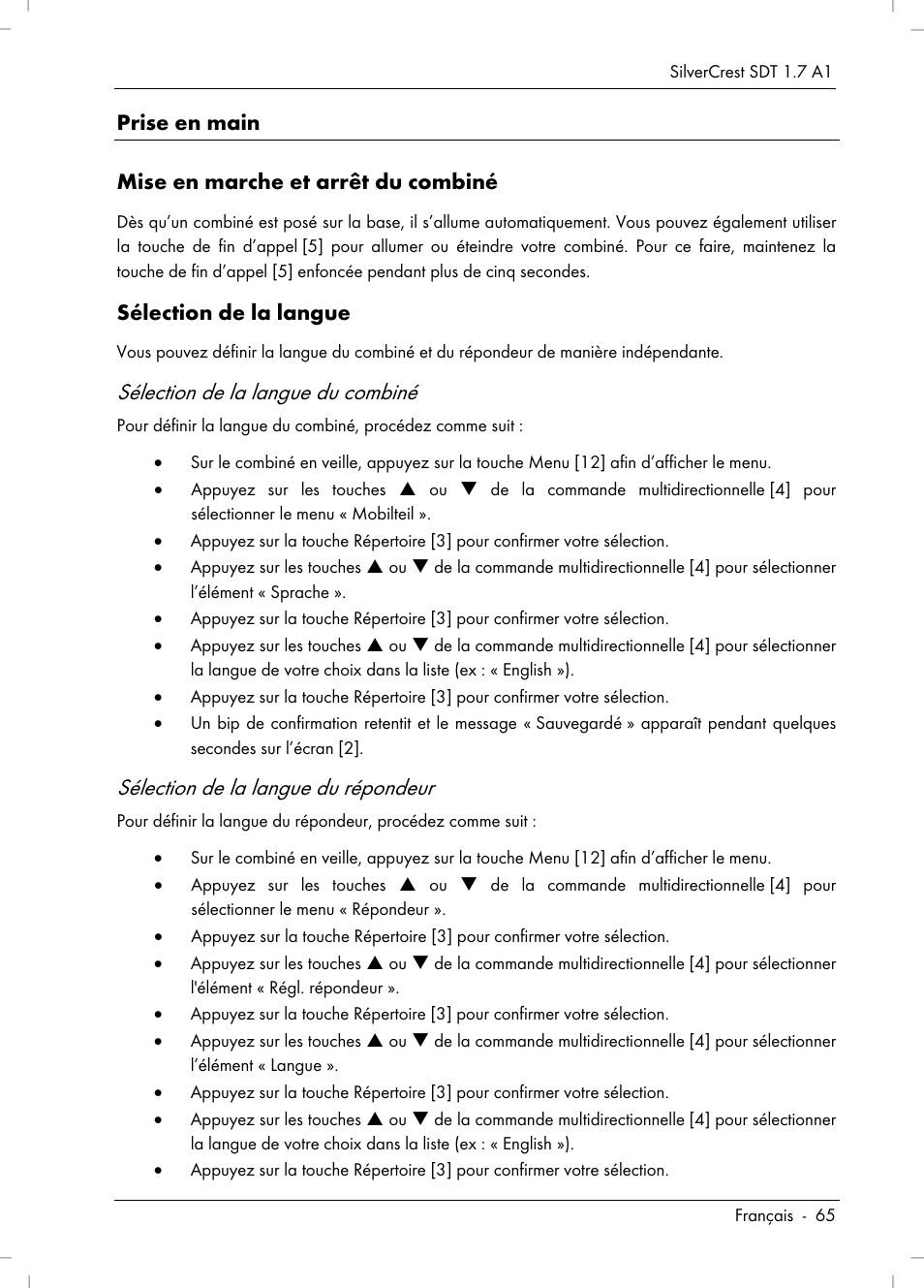 Sélection de la langue du combiné, Sélection de la langue du répondeur, Prise en main mise en marche et arrêt du combiné | Sélection de la langue | Silvercrest SDT 1.7 A1 User Manual | Page 67 / 192