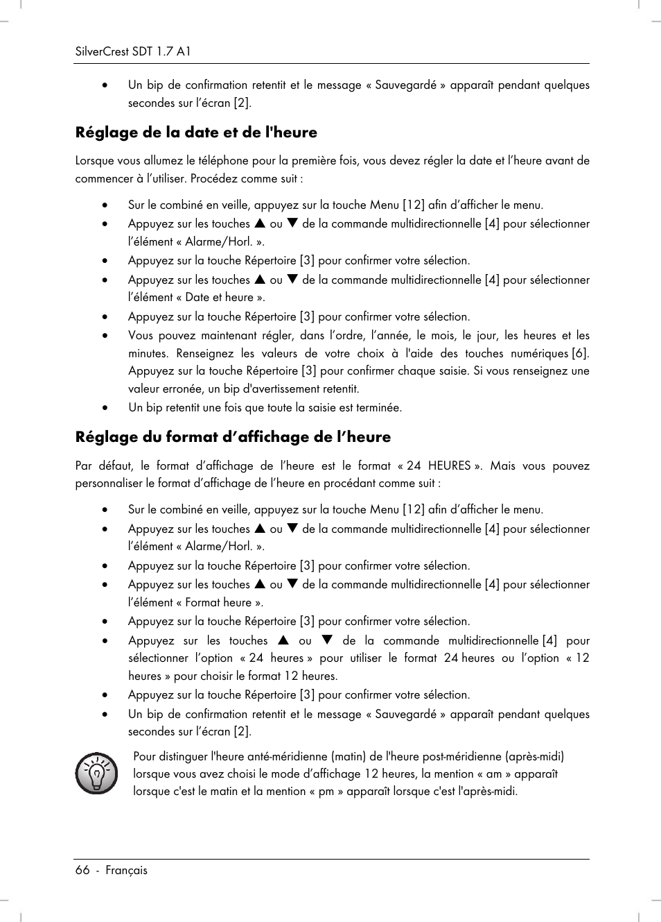 Réglage de la date et de l'heure, Réglage du format d’affichage de l’heure | Silvercrest SDT 1.7 A1 User Manual | Page 68 / 192