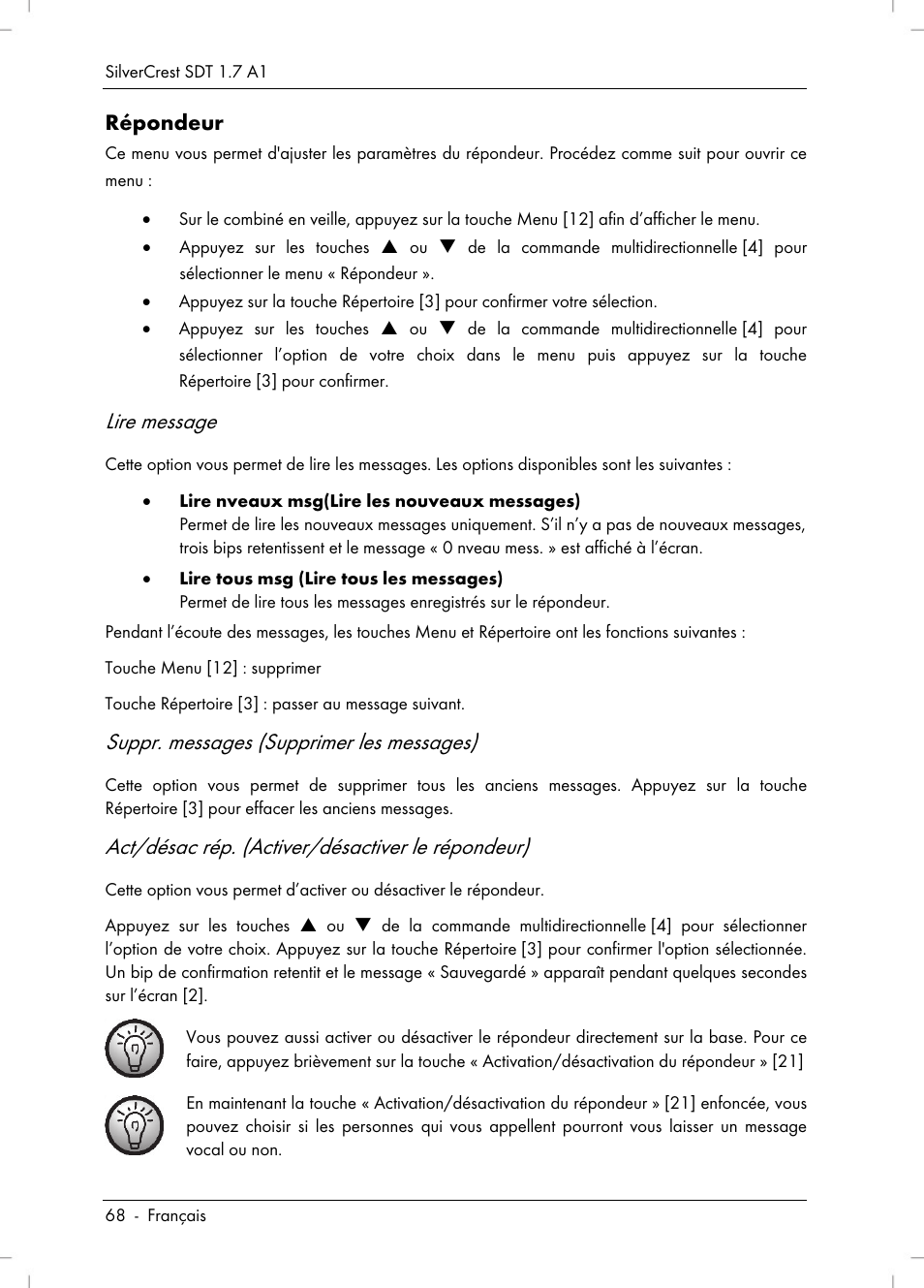 Lire message, Suppr. messages (supprimer les messages), Act/désac rép. (activer/désactiver le répondeur) | Silvercrest SDT 1.7 A1 User Manual | Page 70 / 192