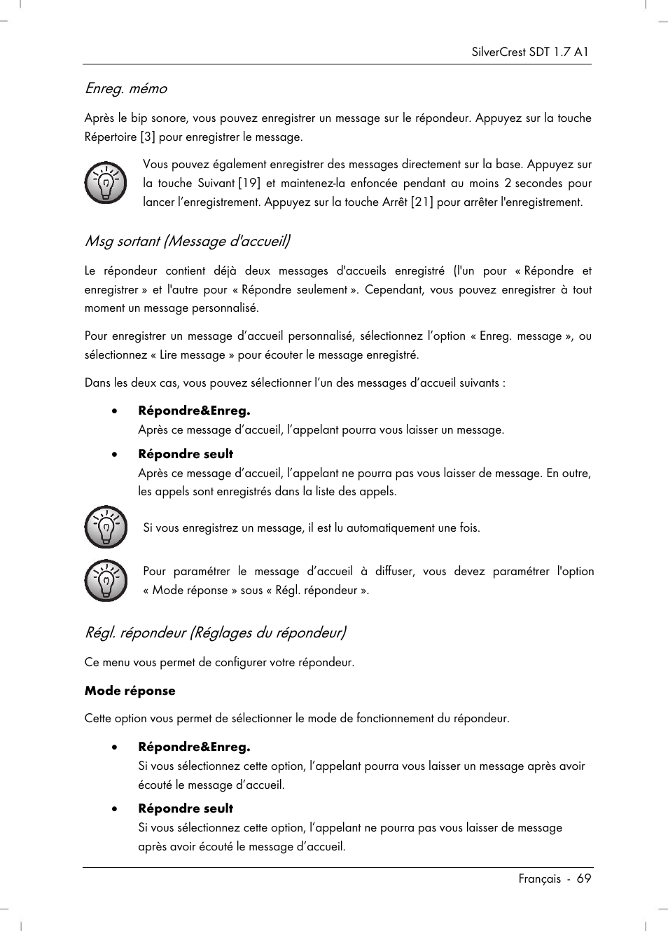 Enreg. mémo, Msg sortant (message d'accueil), Régl. répondeur (réglages du répondeur) | Silvercrest SDT 1.7 A1 User Manual | Page 71 / 192