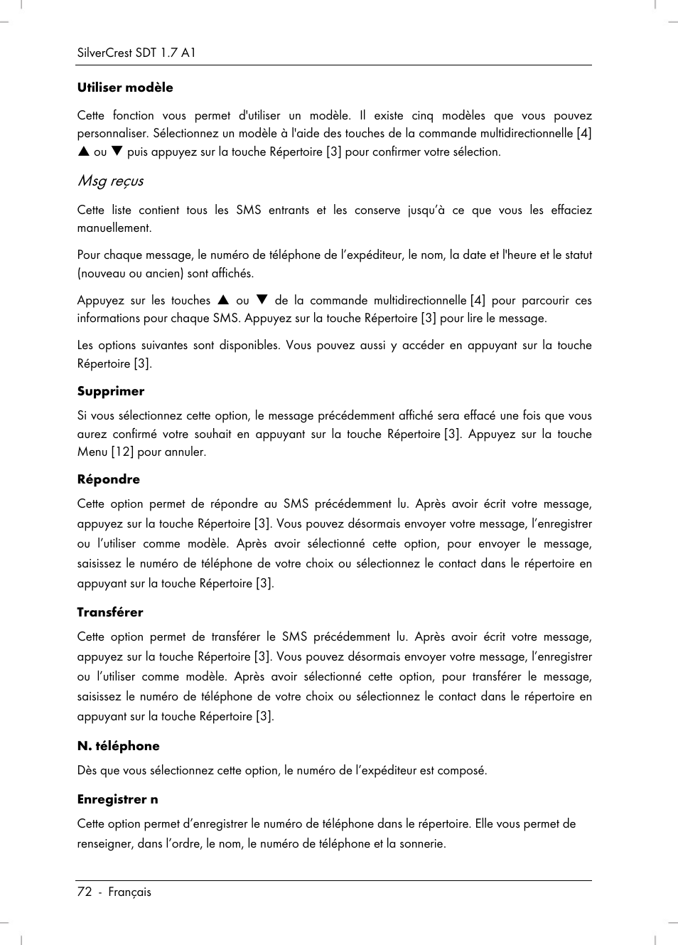 Msg reçus | Silvercrest SDT 1.7 A1 User Manual | Page 74 / 192