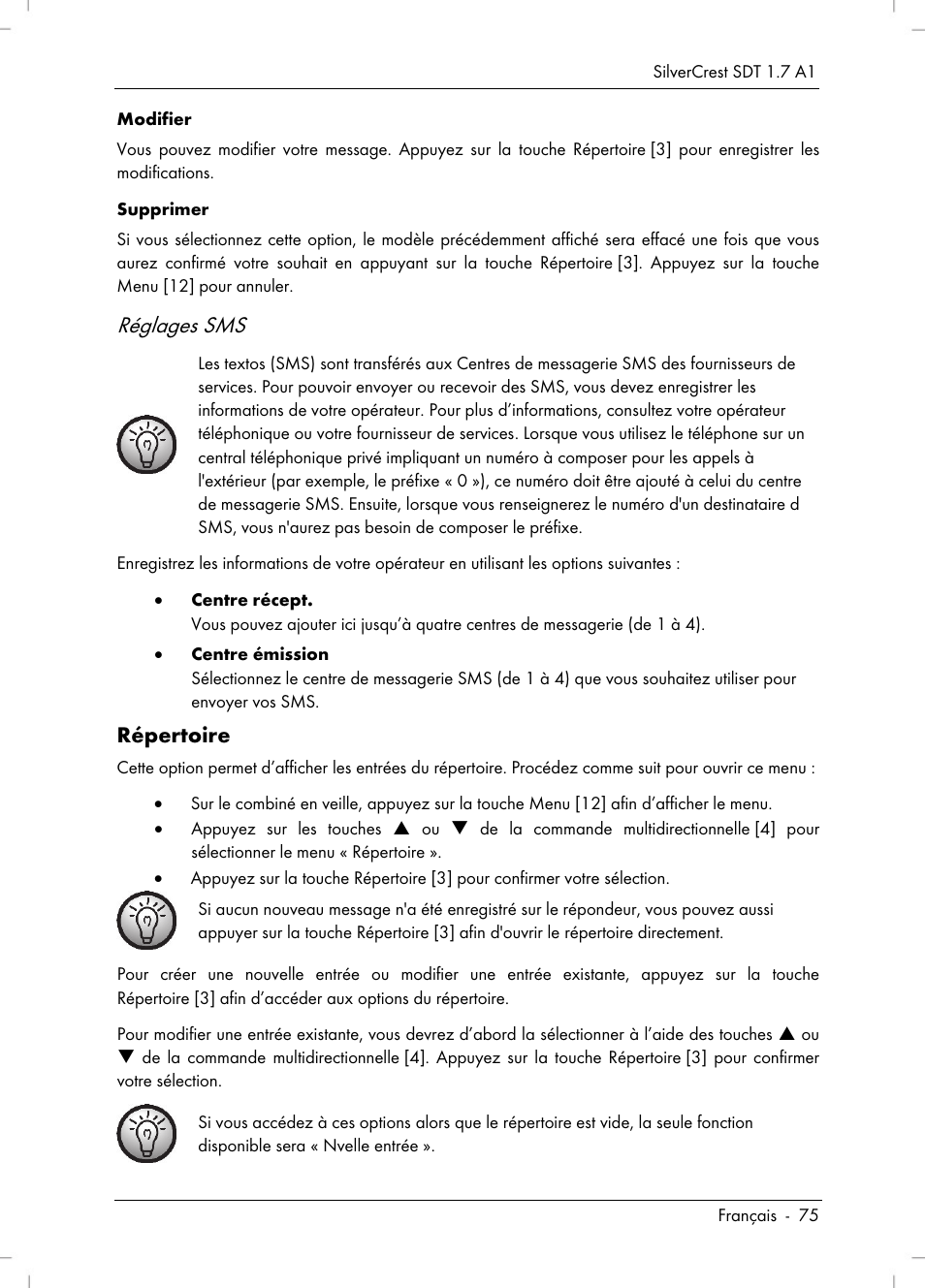 Réglages sms, Répertoire | Silvercrest SDT 1.7 A1 User Manual | Page 77 / 192