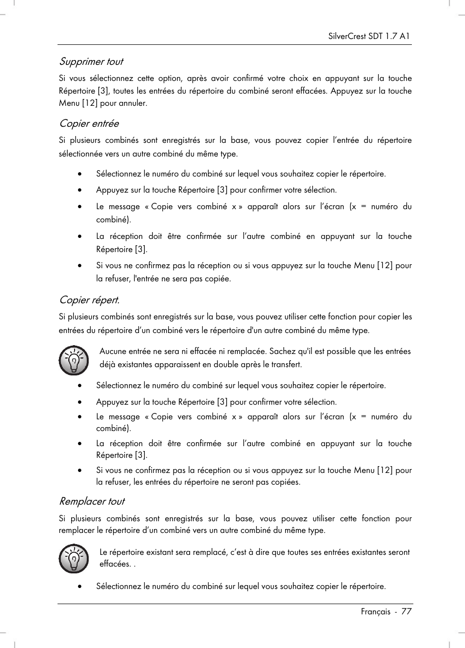 Supprimer tout, Copier entrée, Copier répert | Remplacer tout | Silvercrest SDT 1.7 A1 User Manual | Page 79 / 192
