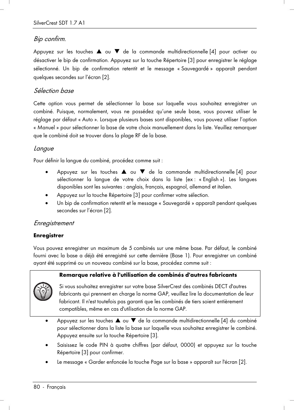 Bip confirm, Sélection base, Langue | Enregistrement | Silvercrest SDT 1.7 A1 User Manual | Page 82 / 192