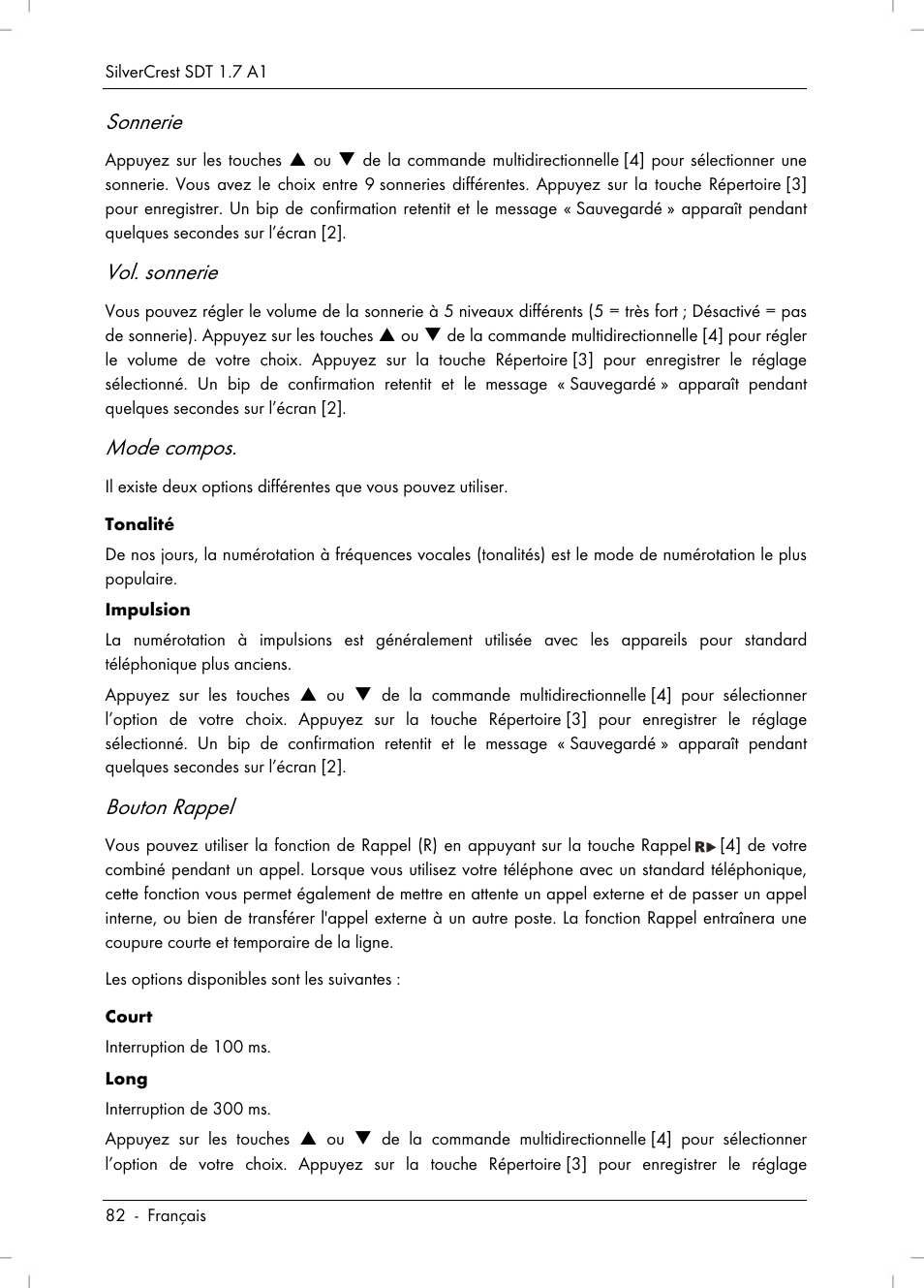 Sonnerie, Vol. sonnerie, Mode compos | Bouton rappel | Silvercrest SDT 1.7 A1 User Manual | Page 84 / 192