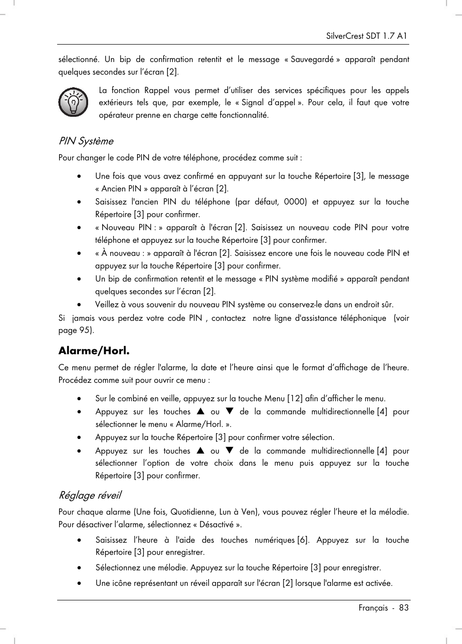 Pin système, Réglage réveil, Alarme/horl | Silvercrest SDT 1.7 A1 User Manual | Page 85 / 192