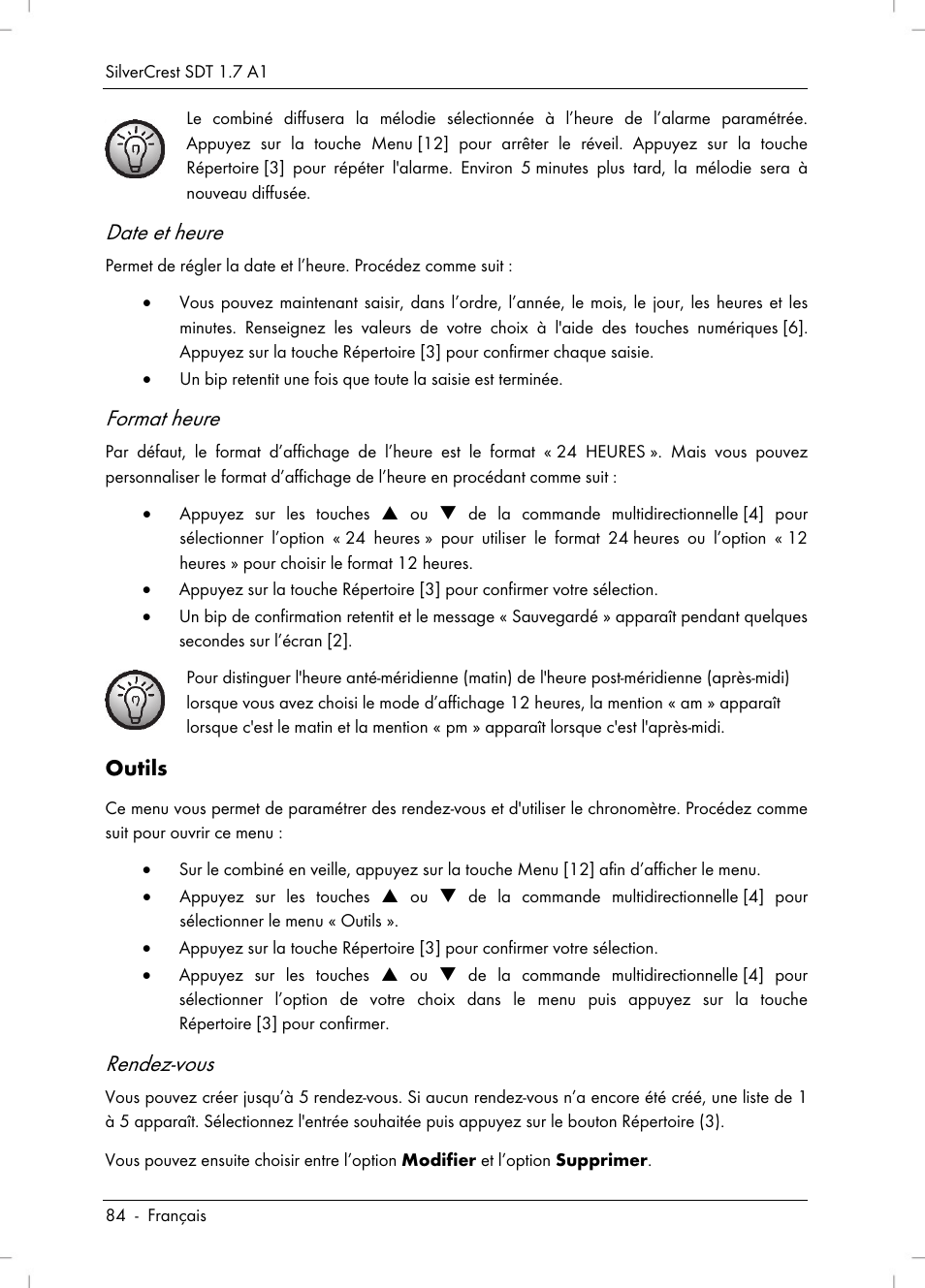 Date et heure, Format heure, Rendez-vous | Outils | Silvercrest SDT 1.7 A1 User Manual | Page 86 / 192