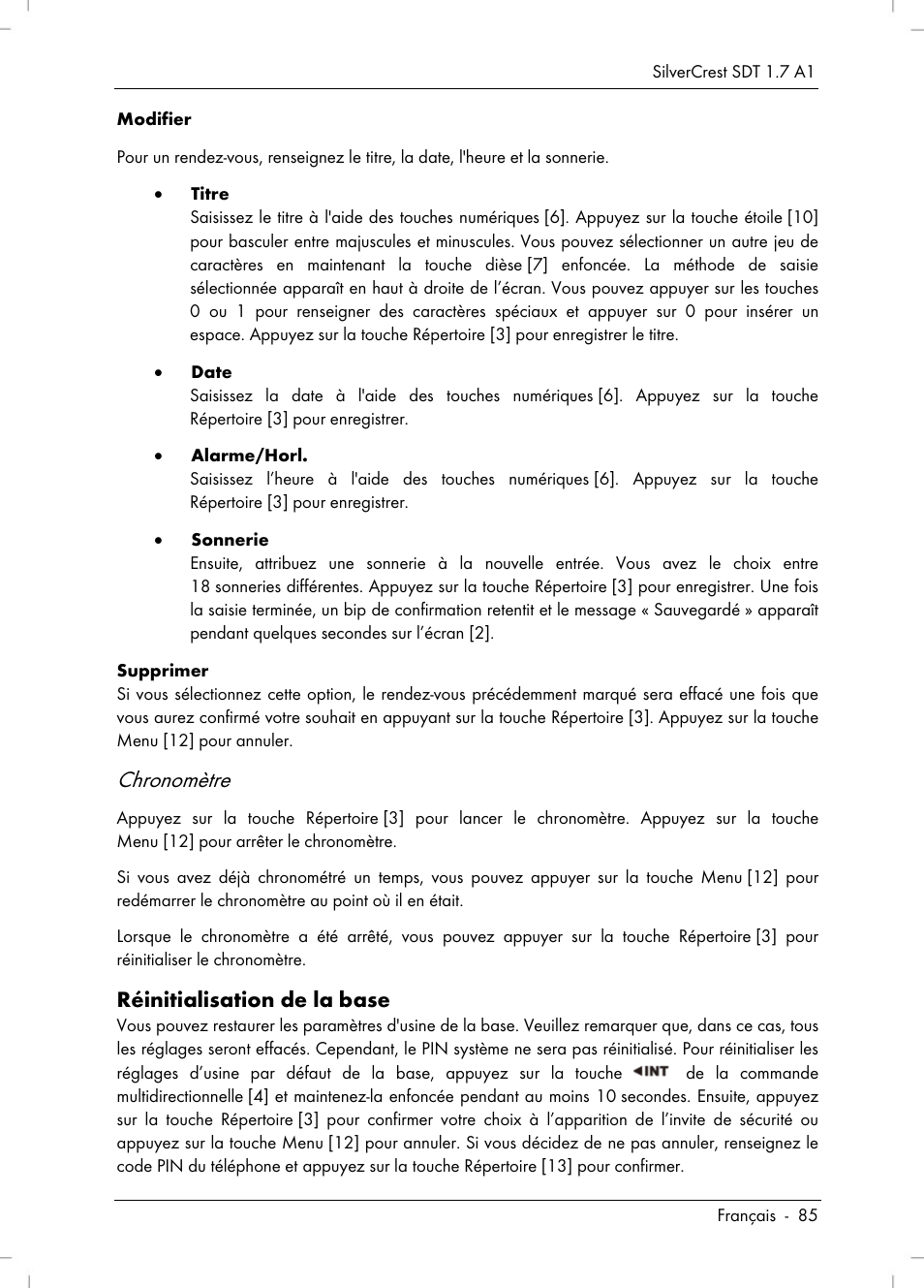 Chronomètre, Réinitialisation de la base | Silvercrest SDT 1.7 A1 User Manual | Page 87 / 192