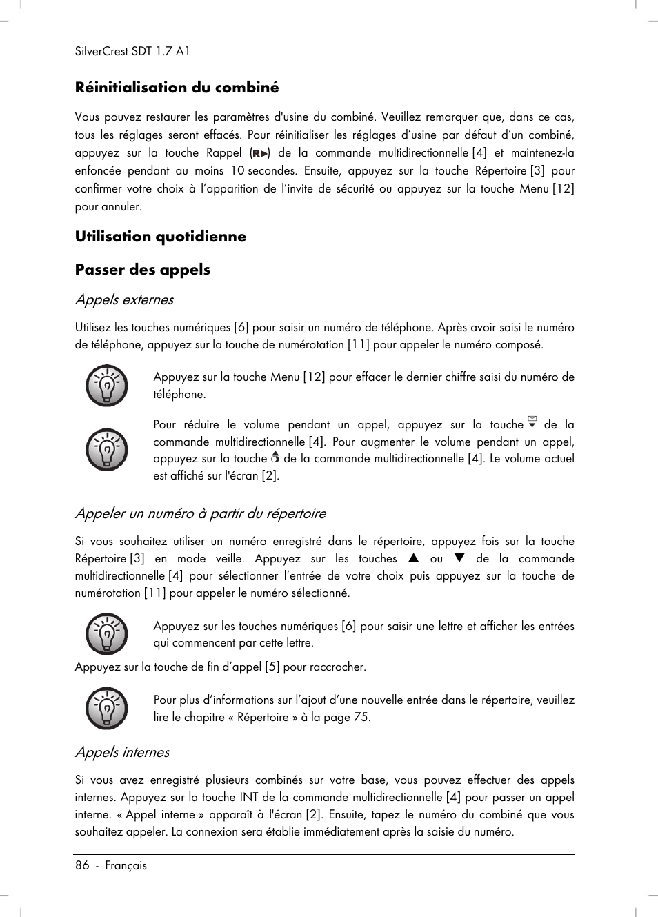 Appels externes, Appeler un numéro à partir du répertoire, Appels internes | Réinitialisation du combiné, Utilisation quotidienne passer des appels | Silvercrest SDT 1.7 A1 User Manual | Page 88 / 192