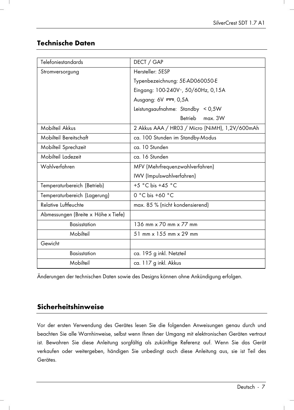 Technische daten, Sicherheitshinweise | Silvercrest SDT 1.7 A1 User Manual | Page 9 / 192