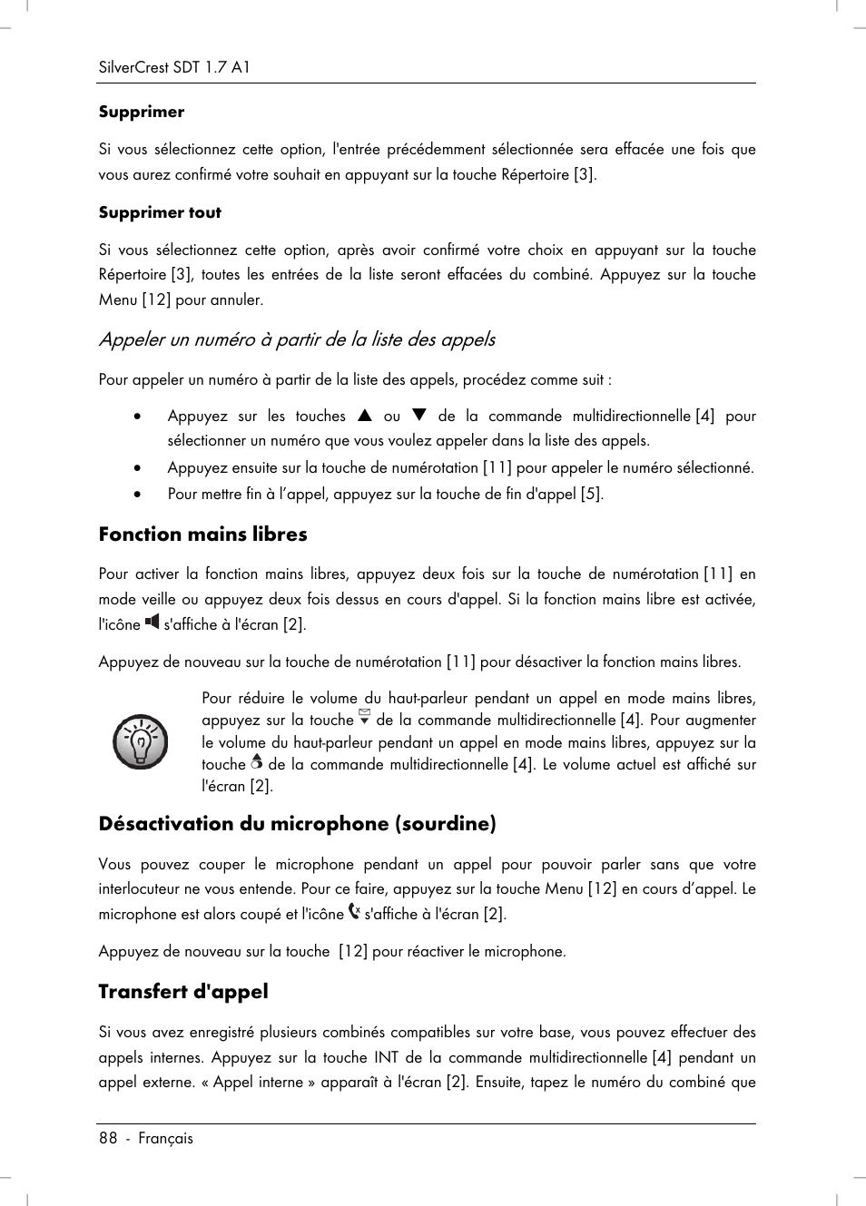 Appeler un numéro à partir de la liste des appels, Fonction mains libres, Désactivation du microphone (sourdine) | Transfert d'appel | Silvercrest SDT 1.7 A1 User Manual | Page 90 / 192